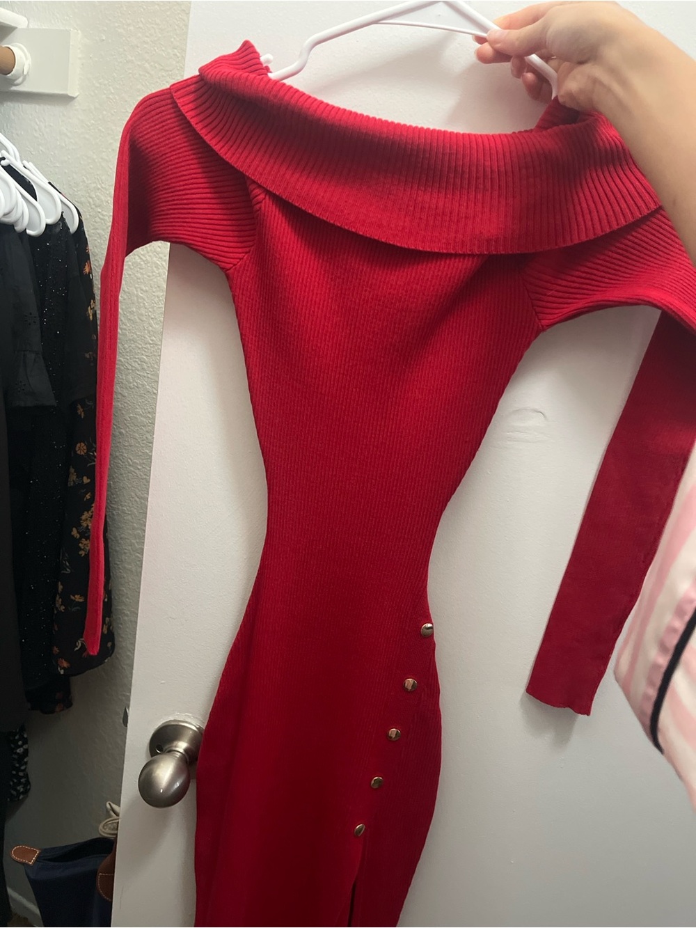 Windsor Red Off-Shoulder Ribbed Button-Accent Sweater Dress